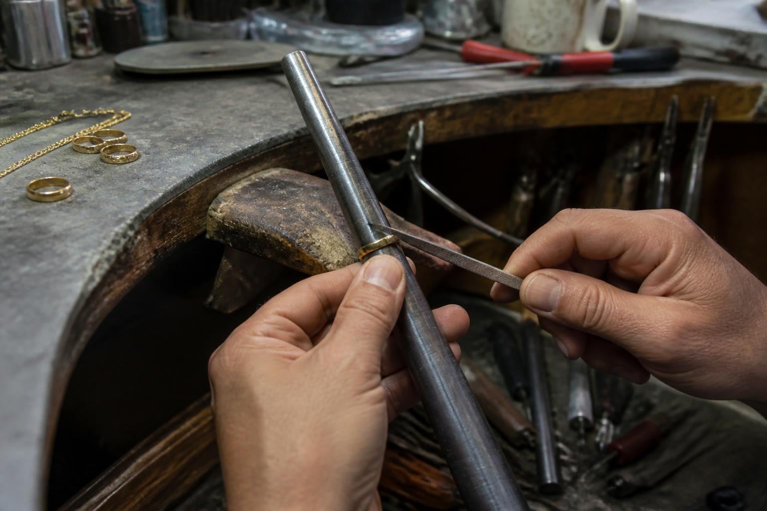 Jeweler's loupe and precision tools on a workbench with a diamond ring