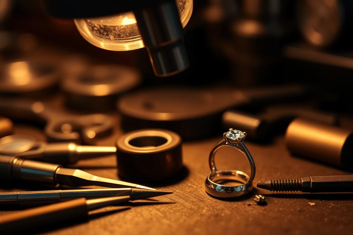 Jeweler's loupe and precision tools on a workbench with a diamond ring