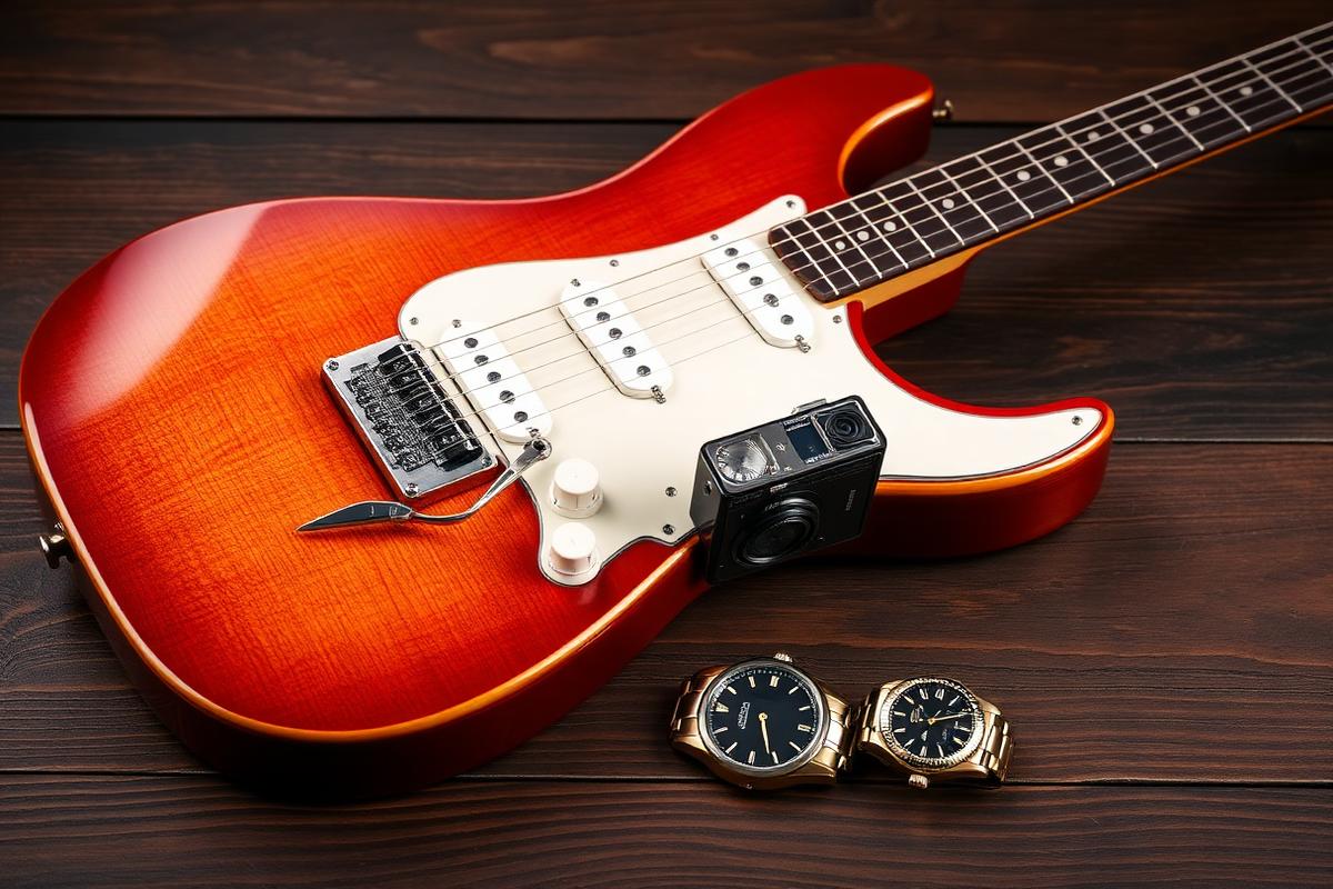 Guitar, camera, and watches on dark wood